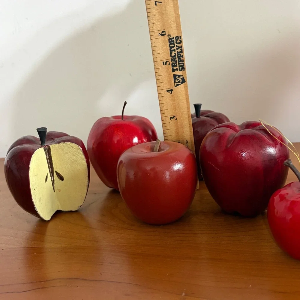 Vintage Mixed Media Red Apple Decor Set 7pc Wood Plastic‎ Ornaments Sliced Apple